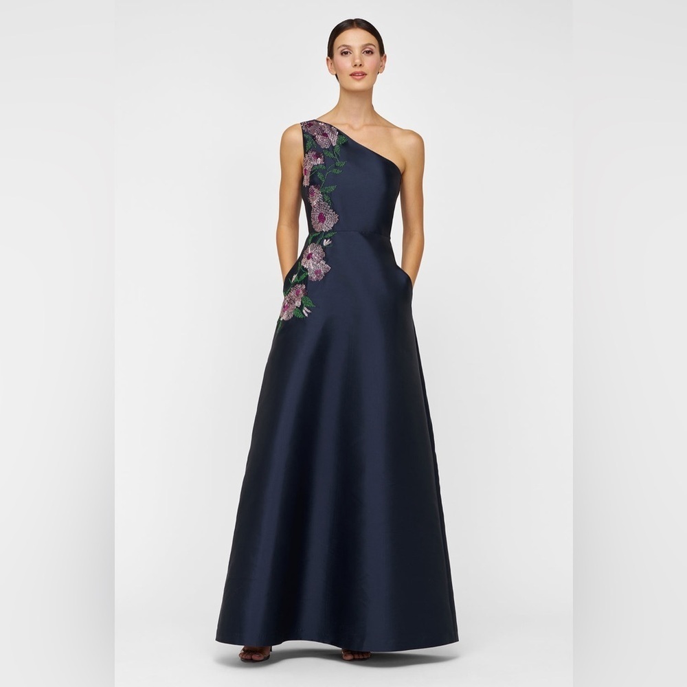 new Kay Unger Giada one shoulder flower beaded gown in dark midnight navy blue